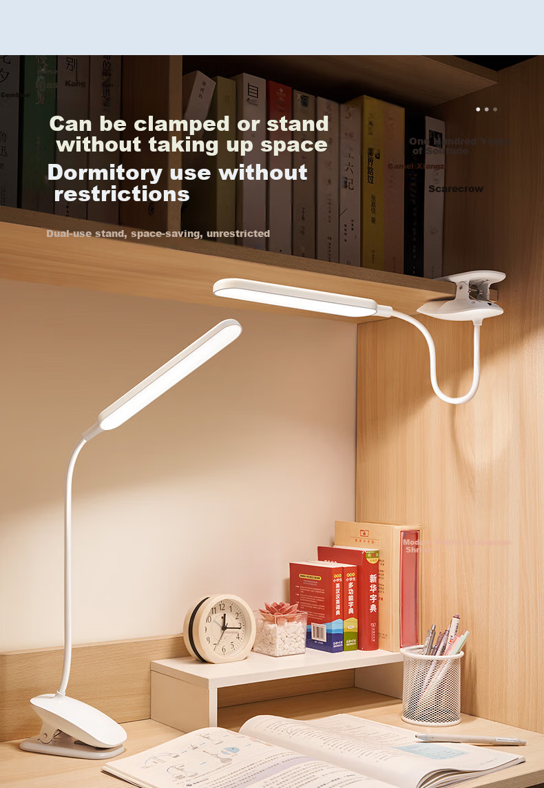 ONEFIRE Rechargeable Clip-On Desk Lamp for College Dormitory, Bedside Eye Protection Light, Long-Lasting Study Lamp, Small Night Light with Clip Stand 7