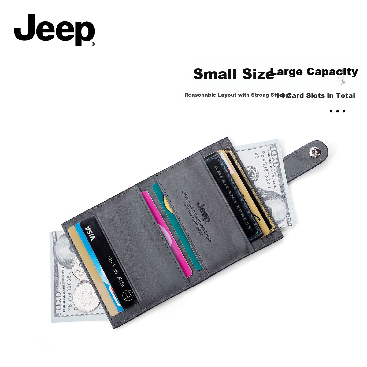 JEEP Men's Card Holder, Top-Grain Leather Wallet, Multi-Slot Coin Purse, Business Style, Birthday Gift