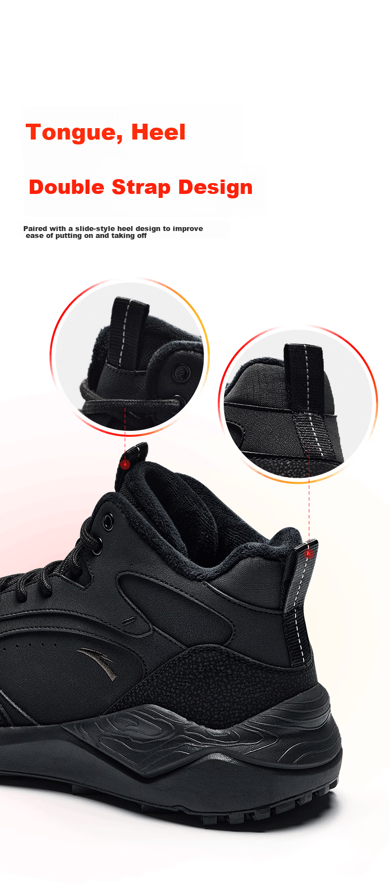 ANTA Cotton Shoes, Casual Shoes for Men, Winter Leather Upper, Fleece-Lined, Thickened, Warm, Platform Heels, Durable Sneakers 8