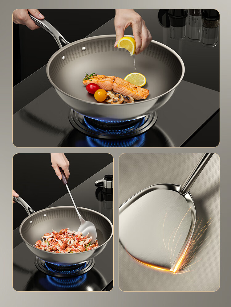 JD Original Titanium Woven Pure Titanium Wok Pro, Household Non-Coated Stir-Fry Flat Bottom Pan, Compatible with Induction And Gas Stoves, 32cm 8