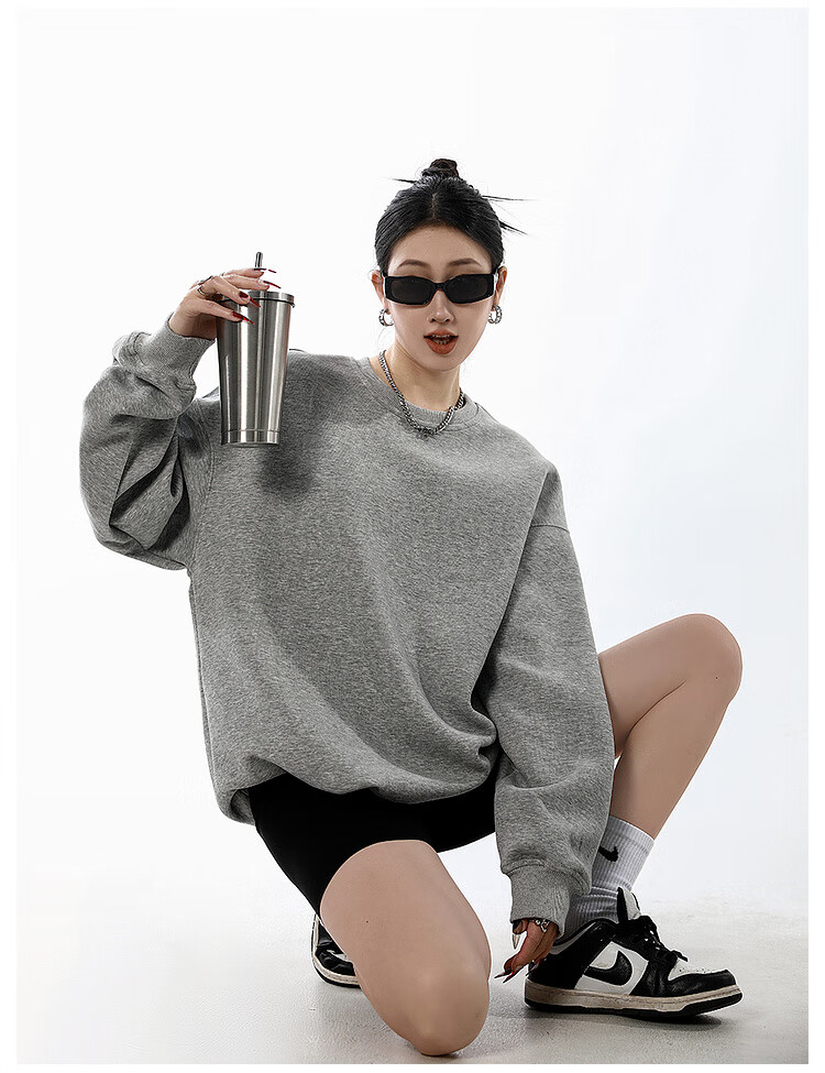 ICH MODE Women's American Style Crew Neck Solid Color Sweatshirt Spring Autumn New Loose Lazy Pullover Long Sleeve Top Black M 5