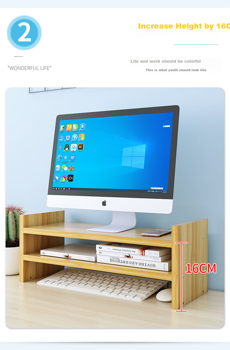 Shuranjia Adjustable Height Computer Monitor Riser Stand, Dorm Office Desk Organizer Shelf, Cherry Wood Color 04 4