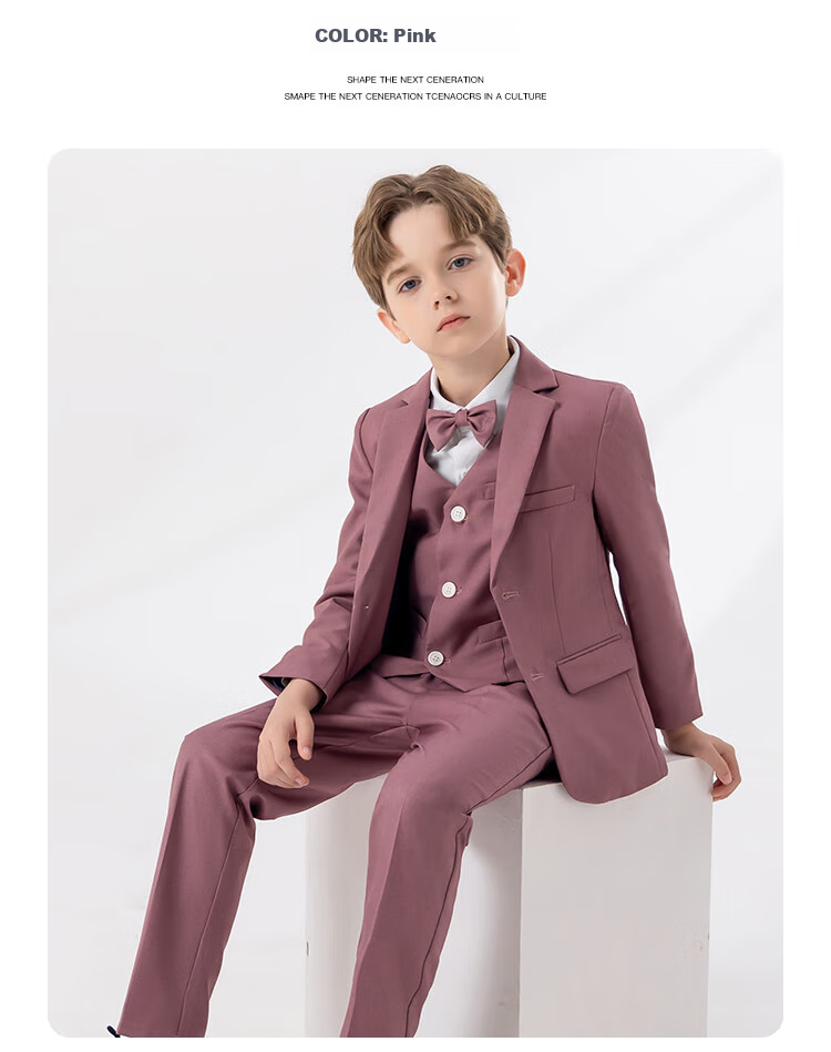 LUOBOBEIBEI Children's Small Suit, Handsome Boys' British-Style Blazer Jacket, Spring New Year Outfit, Pink Four-Piece Set, Size 120 11