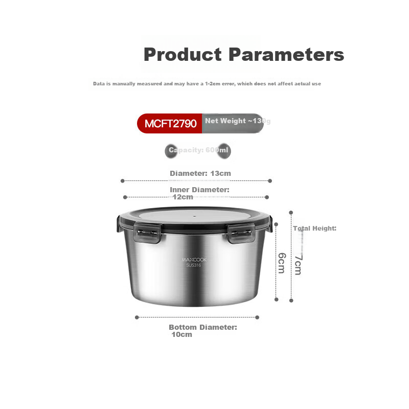 MAXCOOK 316 Stainless Steel Food Storage Container, Microwave-Safe Lunch Box, Bento Box, Refrigerator Storage Container, 600ml MCFT2790