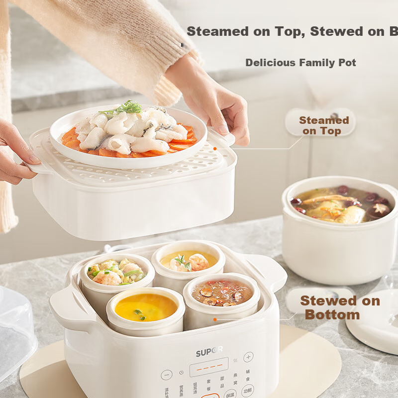 SUPOR Electric Stew Pot, Ceramic Soup Cooker with Double Boiler, Automatic Home Use Soup Maker, 4.5L Multi-Functional Steamer And Stew Pot for Bird's Nest, DZ25FC873