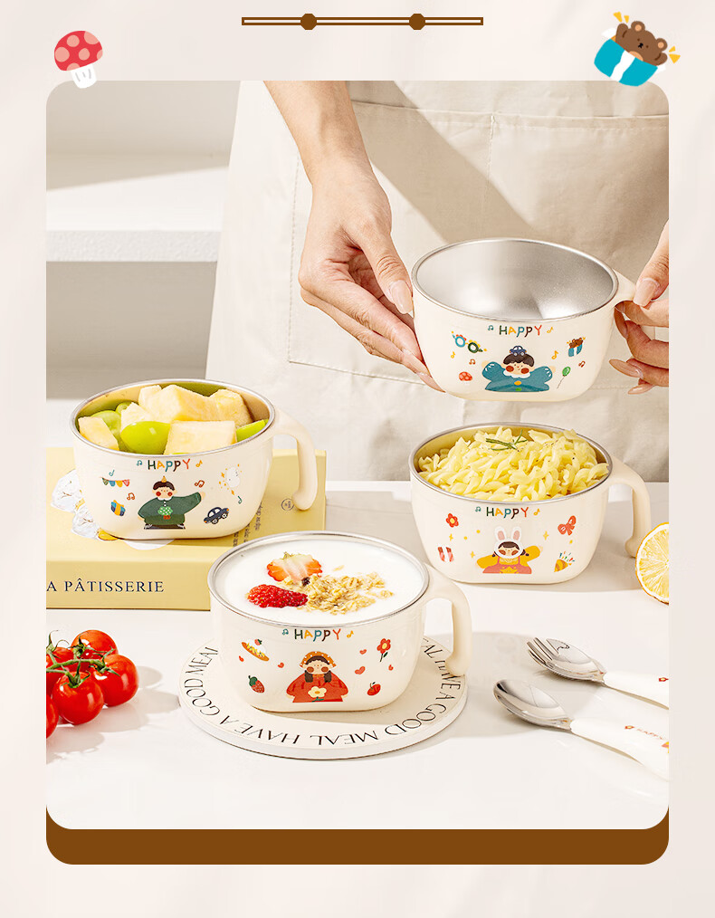 TREEJACK 316L Stainless Steel Single Handle Children's Feeding Bowl Baby Double Layer Anti-Drop and Anti-Scald Rice and Soup Bowl 5