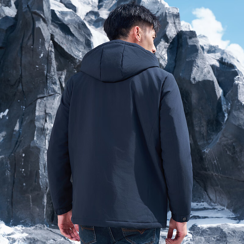 TRIES Men's Fleece-Lined Hooded Jacket Autumn Winter Windproof Solid Color Fashion Warm Outerwear