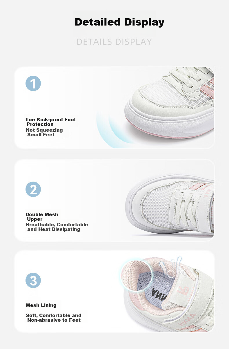 ANNIL Girls' White Sneakers, New Spring Style, Breathable Mesh Upper, Children's Casual Skateboard Shoes, 4211 Pink, Size 30 5