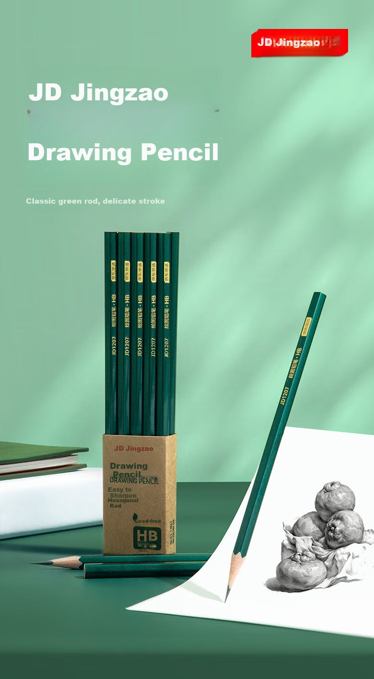 JD Original HB Green Handle Drawing Pencils, 10-Pack, Classic Hexagonal Wooden Handle Pencils, Children's Student Exam Art Drawing Sketch Writing Practice School Supplies 1