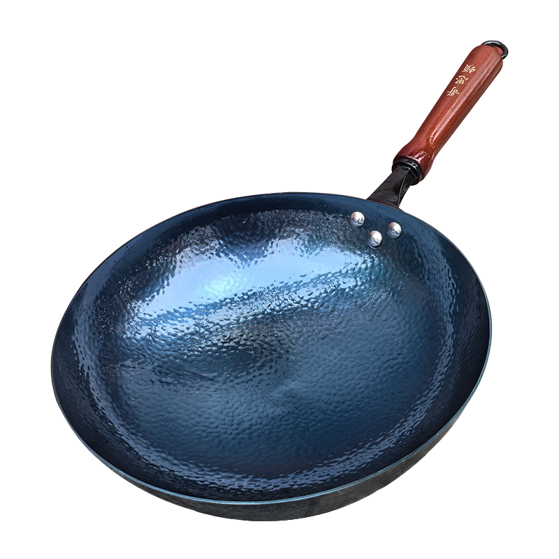 Goston Zhangqiu Iron Wok 32cm Round Bottom Non-Coated Traditional Fish Scale Pattern Wooden Handle Stir Fry Pan
