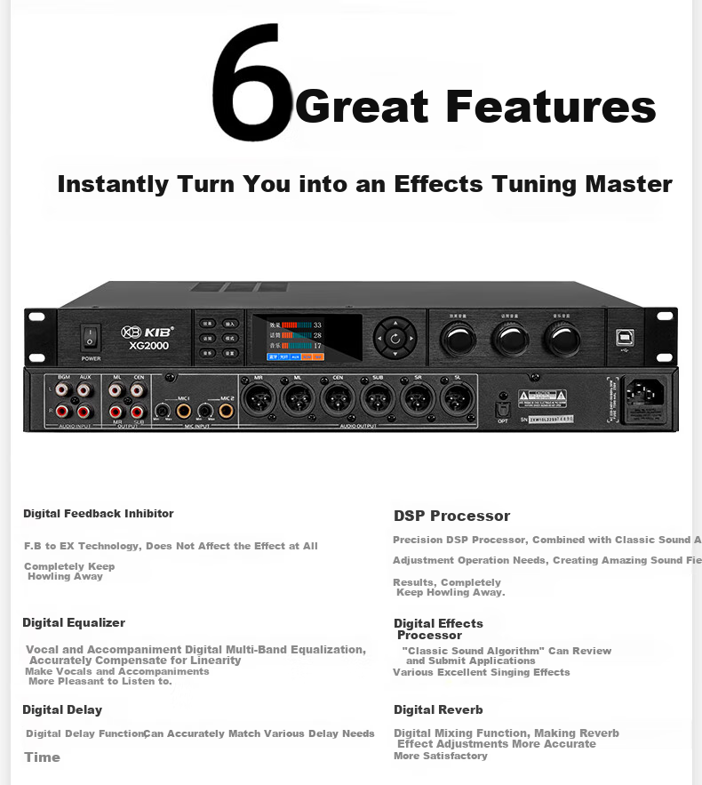 KIB XG2000 Karaoke Pre-Effector, Digital Pre-Effector, Professional KTV Microphone Anti-Howl Audio Processor 6