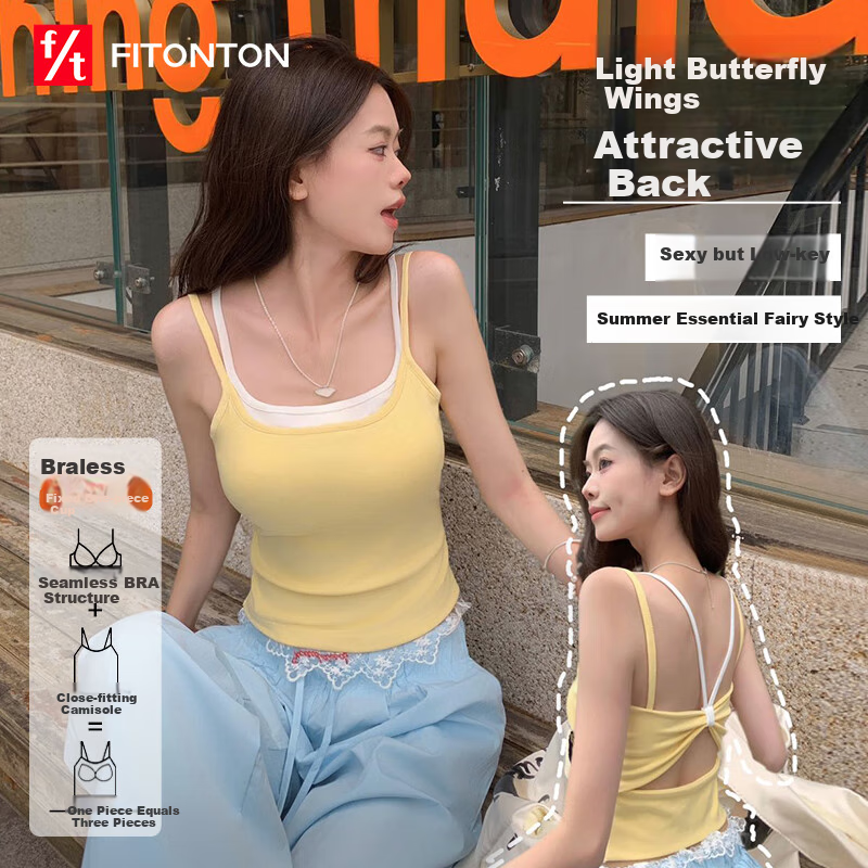 FitonTon Women's Camisole Tank Top with Built-In Bra Pads, Summer Fake Two-Piece Design with Bow Tie, Beautiful Back Vest, One-Piece Bralette Suitable for Outer Wear