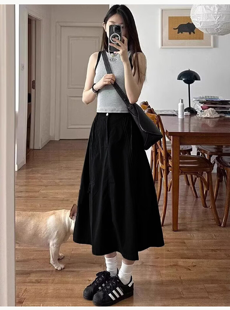 LangSha Gray Workwear Skirt Women Autumn 2025 New High Waist Drawstring A-Line Flared Slim American Casual Half Skirt 7