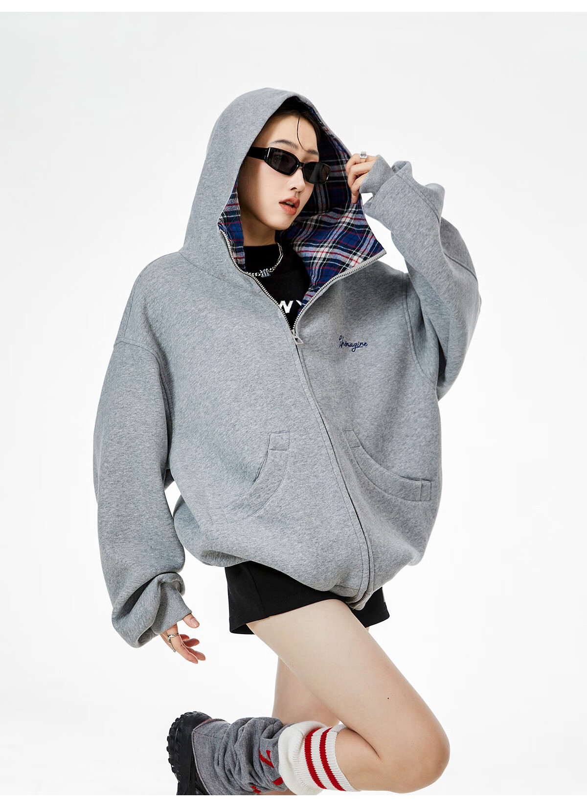ICH MODE Celebrity Style American Plaid Patchwork Cardigan Sweatshirt Autumn Jacket Sports Cardigan Top Women Heather Gray XL 18