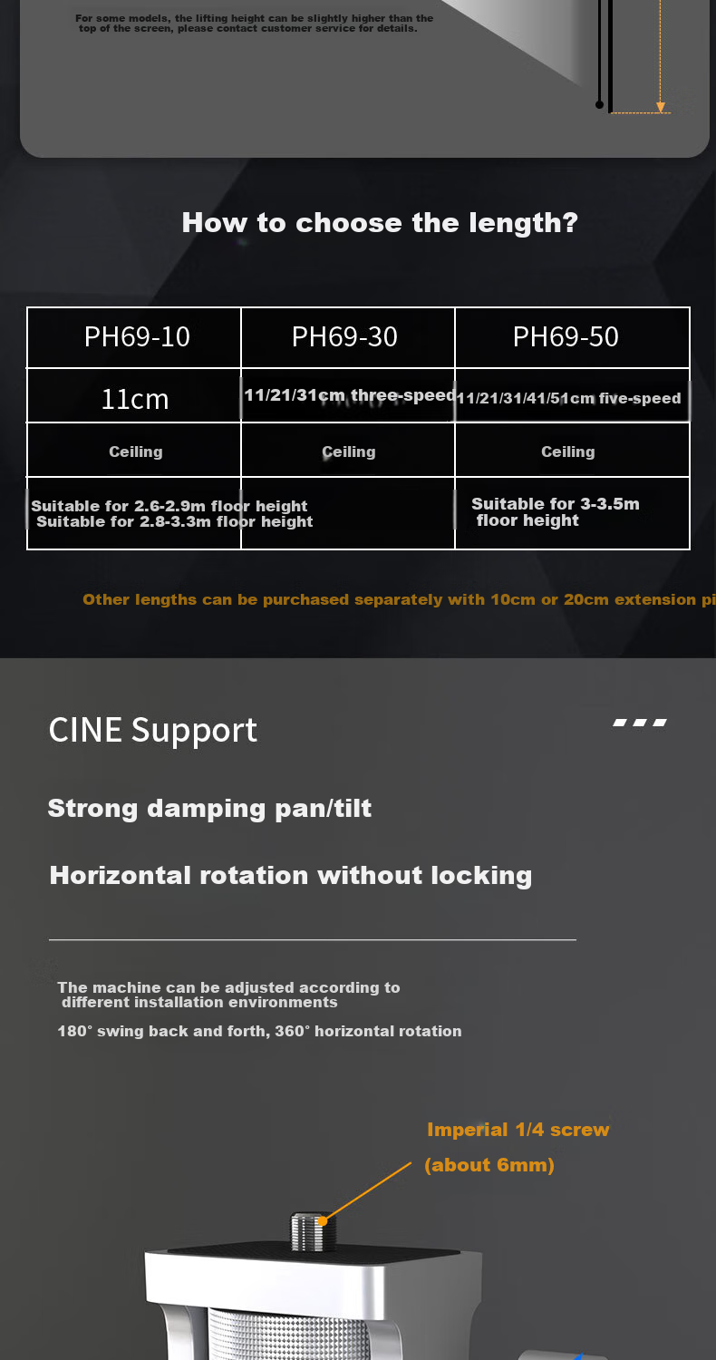 CINE Heavy-Duty Projector Ceiling Mount Bracket for Home Use, Compatible with XGIMI RSpro3 H6, Jianuo N1, Dangbei X5 X3, Hisense C1 Projectors, Hanging Bracket PH69-10 Silver 3