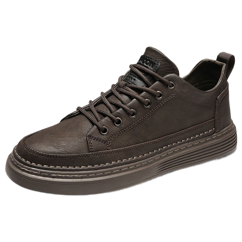 Eierkang Men's Casual Leather Low-top Sneakers Flat Wear-resistant Ultra-light Versatile Shoes Olive Brown Size 44
