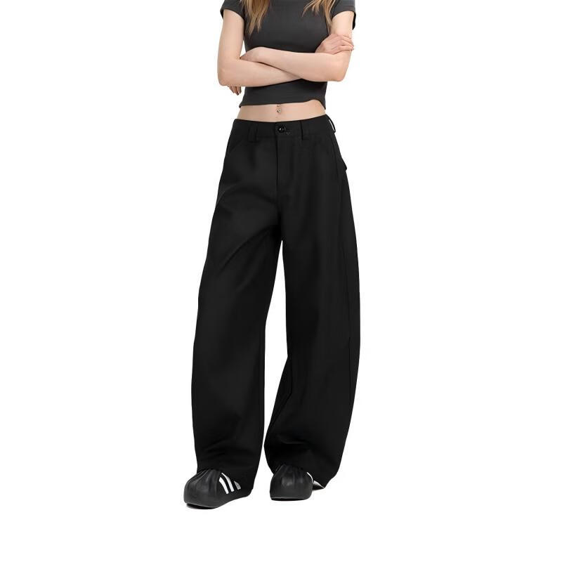 ICH MODE Women's American Style Autumn Winter Loose Straight Relaxed Curved Wide Leg Casual Pants Black XL