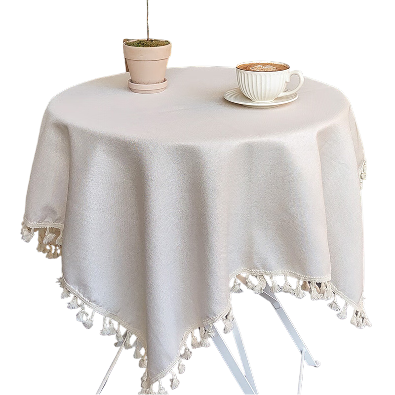 MUJI TPU Round Tablecloth Cotton Linen Waterproof Oil-Resistant Dining Tablecloth Coffee Table Cover Tassel Table Cover 90x90 Cream White