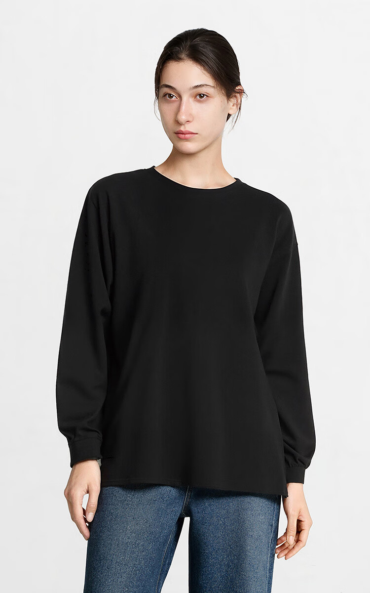 Semir Women's Long Sleeve T-shirt Loose Fit Thermal Solid Color Drop Shoulder Sleeve 2025 Winter Fleece Split Hem 109725101002 2