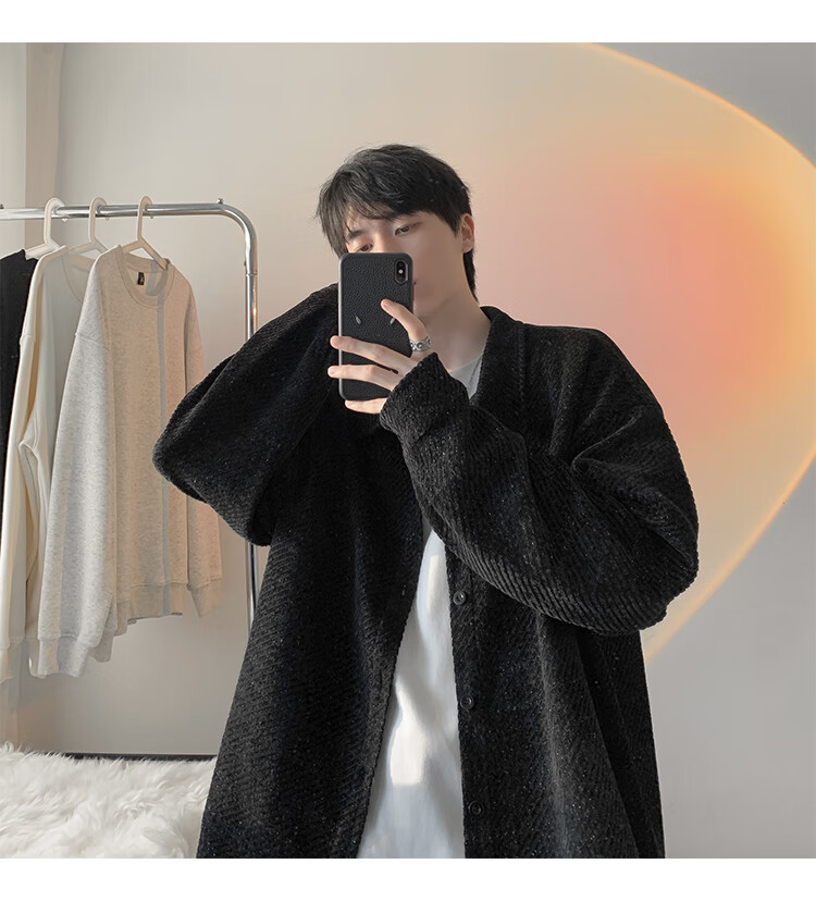 Dingfengbaoluo American Style Fishbone Pattern Jacket Men Autumn Lapel Loose Textured Casual Long Sleeve Shirt XJM65 Black M 15