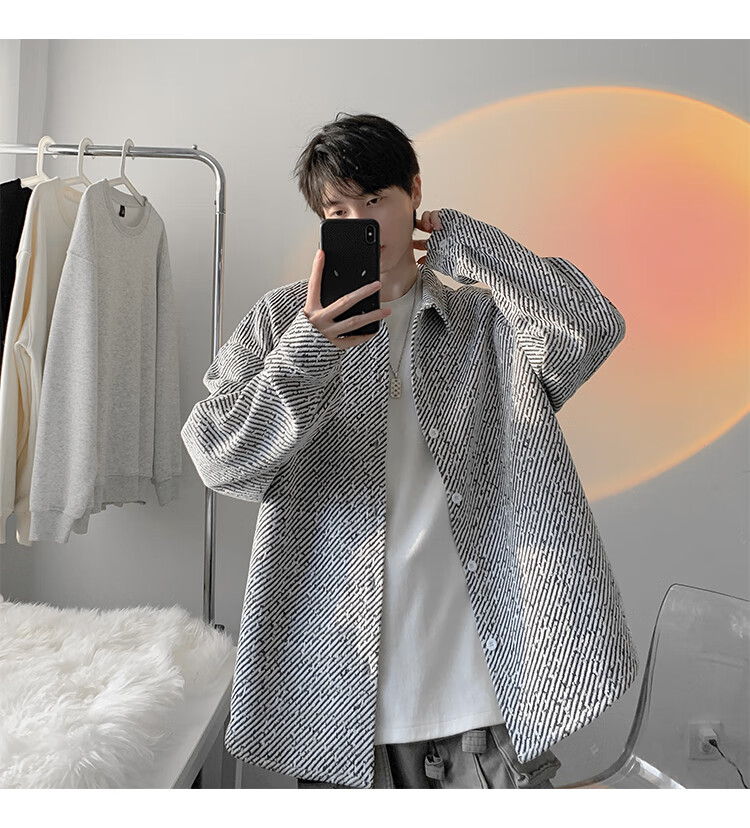 Dingfengbaoluo American Style Fishbone Pattern Jacket Men Autumn Lapel Loose Textured Casual Long Sleeve Shirt XJM65 Black M 27