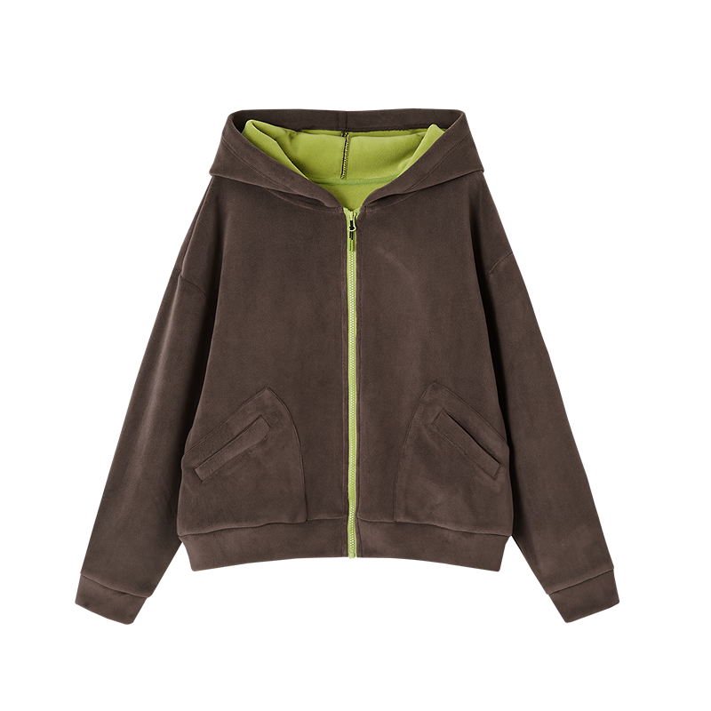 Demana [Warm 460G Double-Sided Fleece] Winter Lightweight Sports Hooded Colorblock Drop Shoulder Pocket Loose Women's Jacket