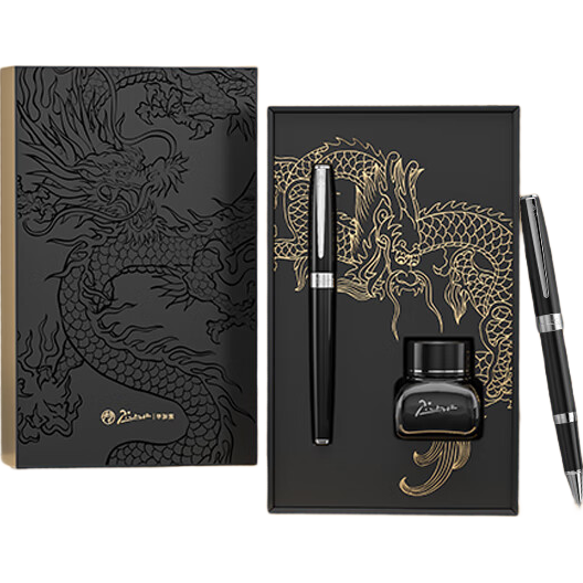 Pimio Dragon Steel Pen Gift Box, Signature Pen for Business Office, Teacher's Day Gift for Men And Women Students, Calligraphy Practice Pen with Extra Fine Tip 0.38mm T717 Bright Black with Silver Clip