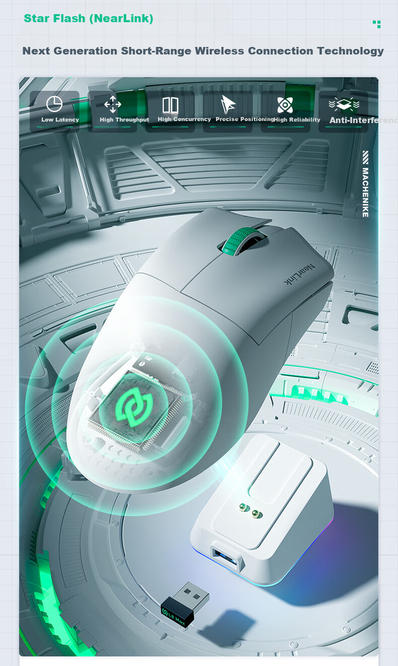 MACHENIKE L8 Max Star Flash Wireless Mouse, Lightweight Tri-Mode Bluetooth Wired C-Port Gaming Mouse for Medium to Large Hands, Ergonomic Office Right-Handed Mouse, Wireless Charging, White 4