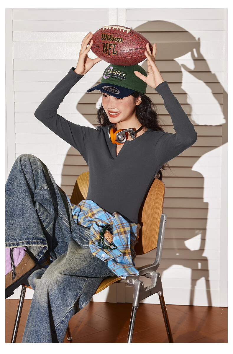 TonLion Women's Long Sleeve Cotton High Elasticity Solid Color Slim Fit V-Neck T-Shirt Autumn Winter New Design Top 9