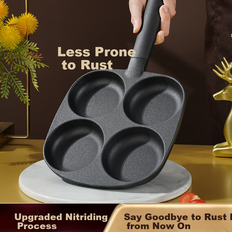 SSN Cast Iron Frying Pan with Four Holes, Non-Coated Breakfast Pan for Home Use, Egg Frying Tool, Egg And Burger Pa 5
