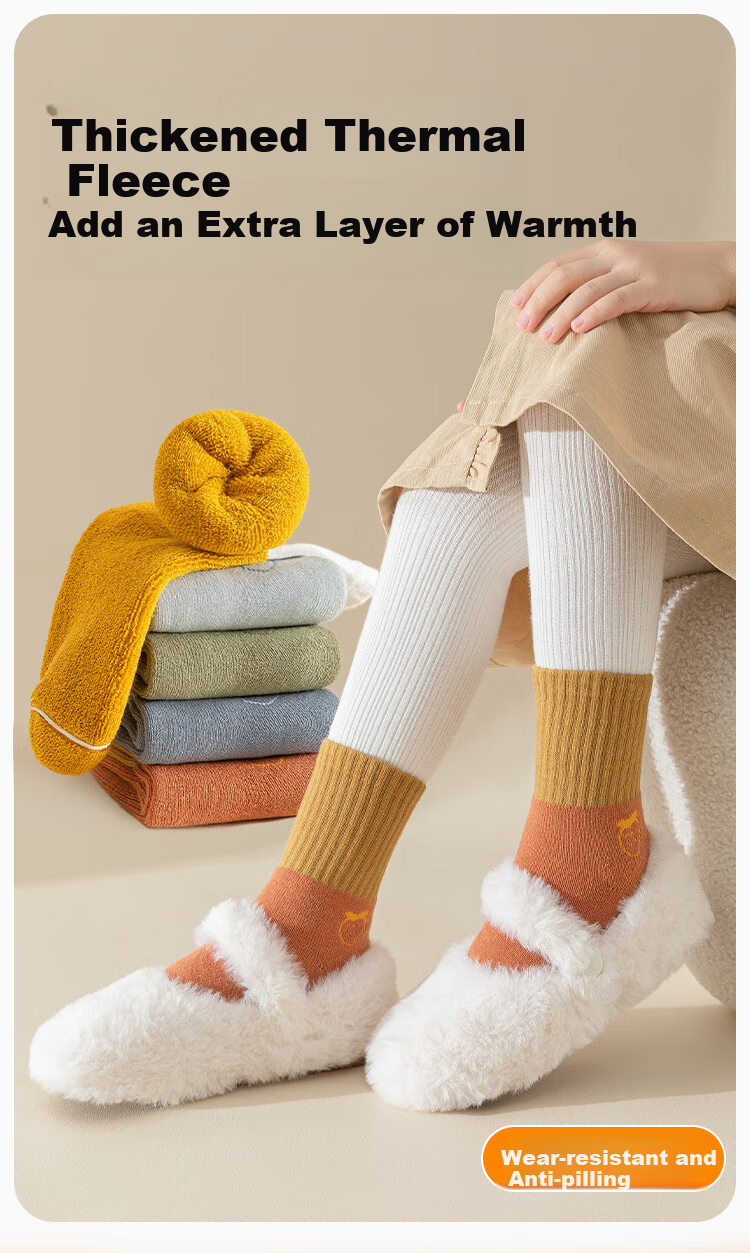 MiiOW Children's Socks for Girls, Mid to Big Kids Terry Mid-Calf Socks, Cartoon Patchwork Loops Versatile Autumn Winter Style, 5 Pairs Pack 2