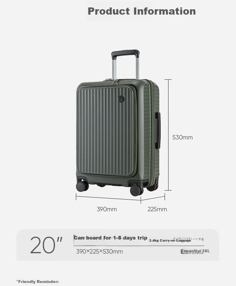 CONWOOD MEGA Series Front-Opening Carry-On Luggage Laptop Case Trolley Suitcase PC290F+, Olive Green, 20 Inches 16