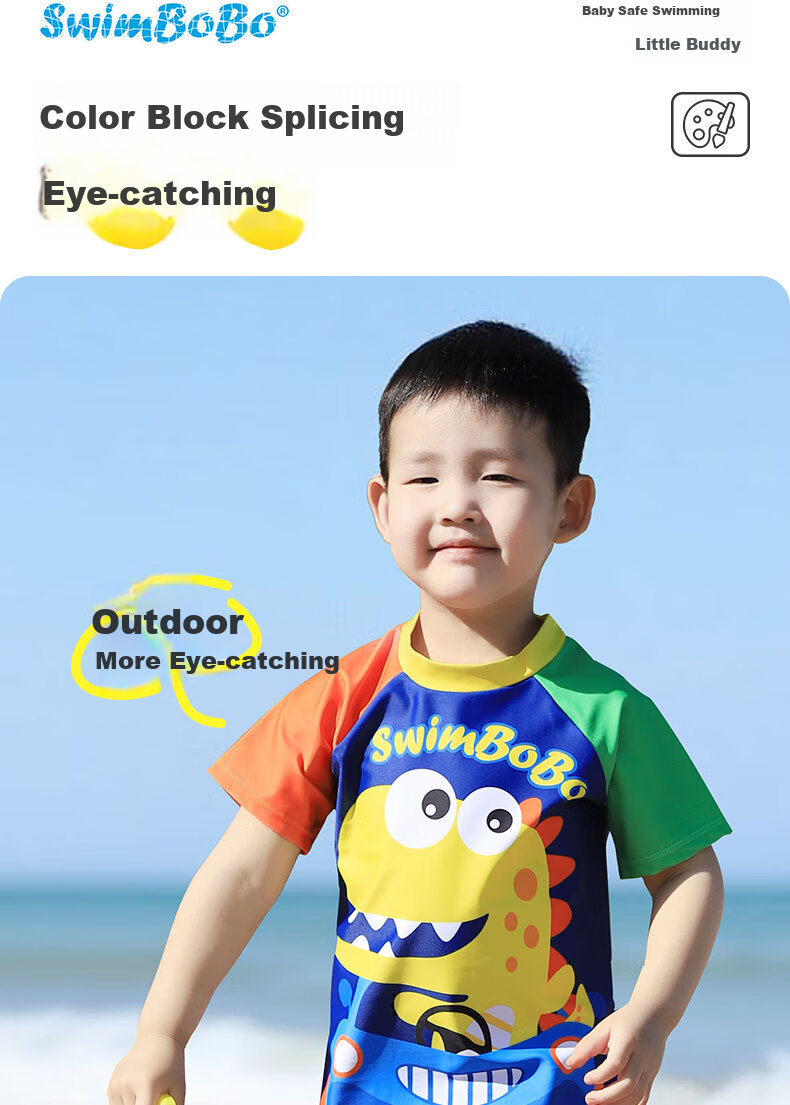 Swimbobo Children's Two-Piece Swimsuit for Boys, Cartoon Dinosaur Design, Short-Sleeve Swimwear, Beginner Swimming Gear, Size 120 8