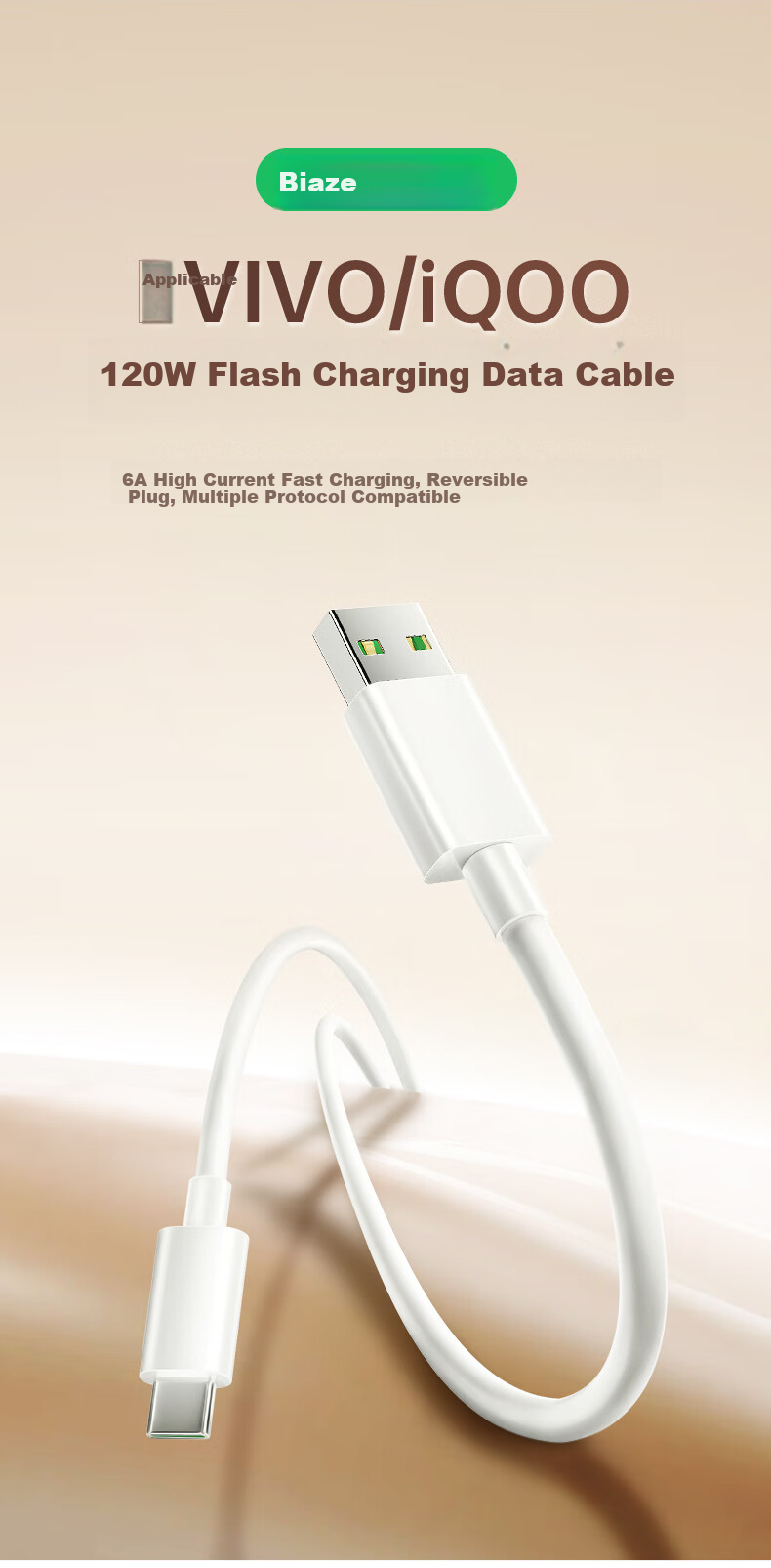 BIAZE USB to Type-C Data Cable, Suitable for IQOO Charging Cables, 6A Fast Charging, Vivo 120W/44W Fast Charging, Compatible with 9pro/8/7/z5/Neo5/6/x80/s12 Phones, 1 Meter Long 1