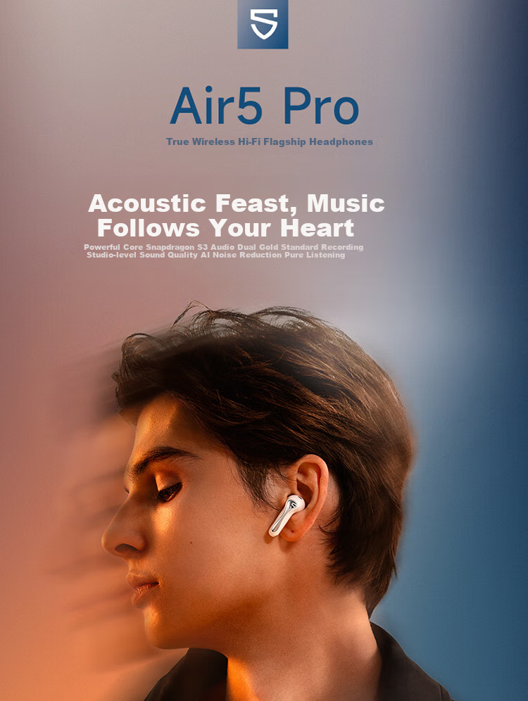 SoundPEATS Peat Air5 Pro True Wireless Hi-Fi Snapdragon Audio-Enhancing In-Ear Bluetooth Headphones with Dual Gold Markers, Studio-Quality Sound, High-Tone S3 Gift, Phantom Black 1