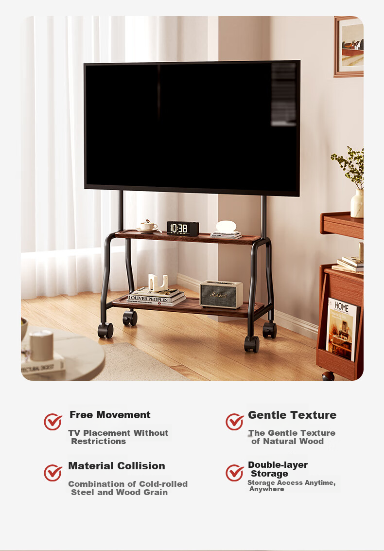 Beishi 32-75 Inch Mobile TV Stand Cabinet, New Chinese Style Universal Floor-Standing TV Mount, Video Conference Display Cart, Multi-Brand Compatible for 55/65 Inches 4