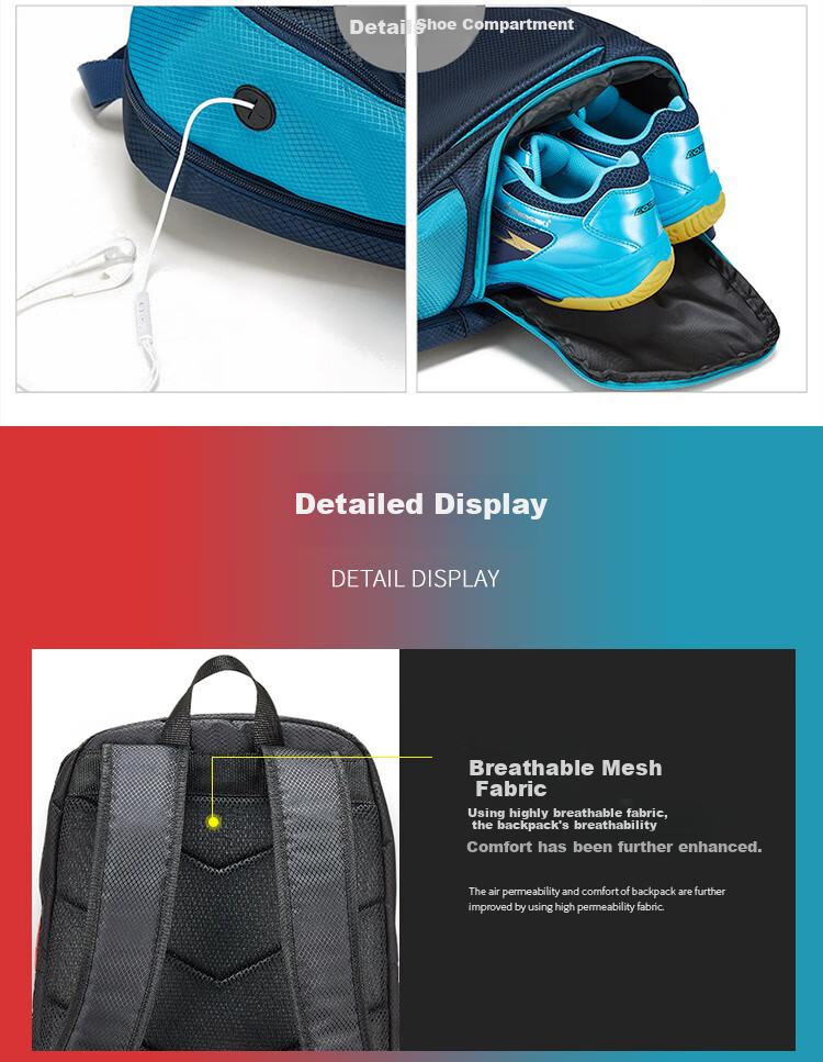 KAWASAKI Badminton Bag, Double Shoulder Backpack, Holds 3 Rackets, Multifunctional Sports Backpack for Men And Women, Tennis Bag, Model 8210, Black 7