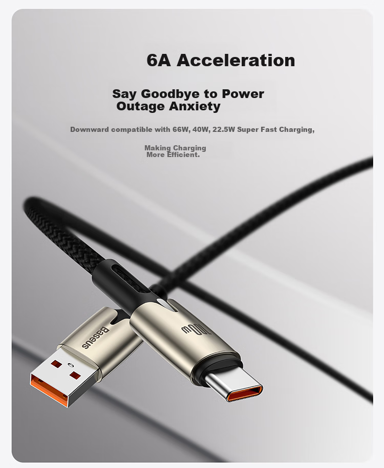 BASEUS Type-C Data Cable, 6A Charging Cord, 100W/88W Super Fast Charging, USB-C Car Charger, Suitable for Huawei Pura80/Mate70pro, Honor, Xiaomi Phones And Tablets, 5A Cable 9