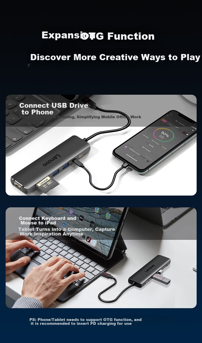 Lenovo Type-C Expansion Dock, USB-C to HDMI Converter, USB3.0 Hub, Laptop Splitter, 4K60Hz Screen Mirroring, PD Fast Charging, Multi-Port Adapter 8