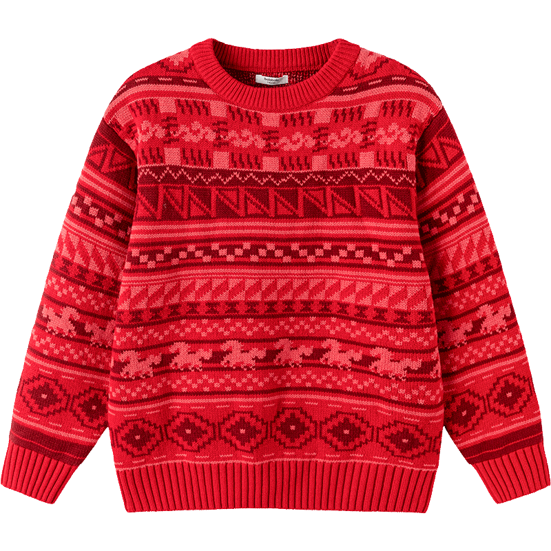 Balabala Kids Red Sweater Boys Girls Crew Neck Fair Isle Knit New Year Greeting Pullover