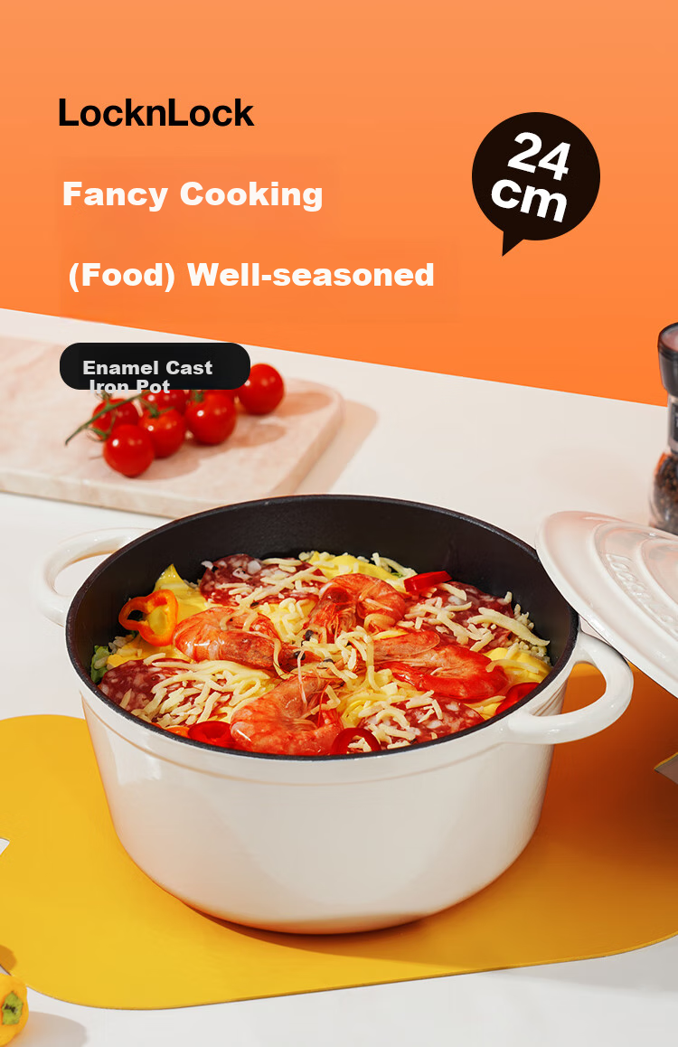 LOCK&LOCK Enamel Cast Iron Pot with Double Handles, Soup Pot, Stew Pot, Milk Pot, Cooking Pot for Noodles And Soup, Compatible with Induction Cooker And Gas Stove, Red, 24cm 1