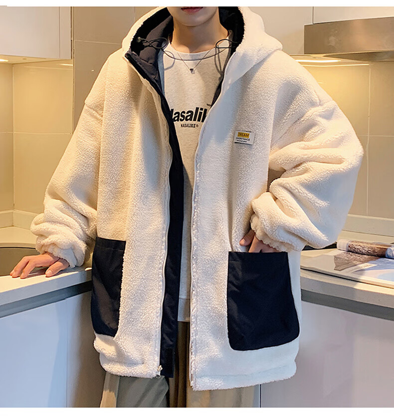 Miiow Men's Autumn Winter Cotton Jacket Lamb Wool Fleece Lined Casual Hooded Puffer Coat Gray Green 2XL 14