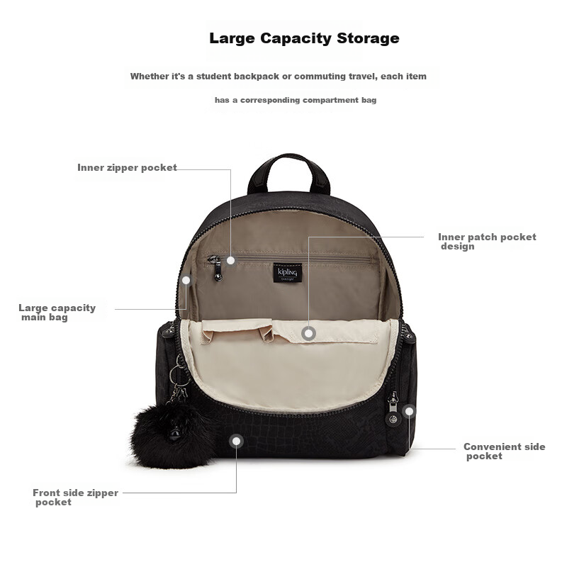 Рюкзак Kipling Commuter Practical MATTA2025, женский, повседневный, черный с принтом