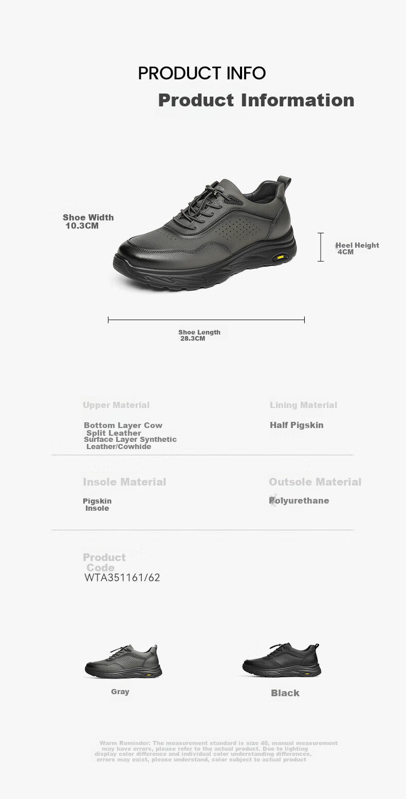RED DRAGONFLY Casual Leather Shoes for Men, Autumn Thick-Soled Outdoor Hiking Travel Shoes, Casual Dad Shoes WTA35116 Black Size 43 7