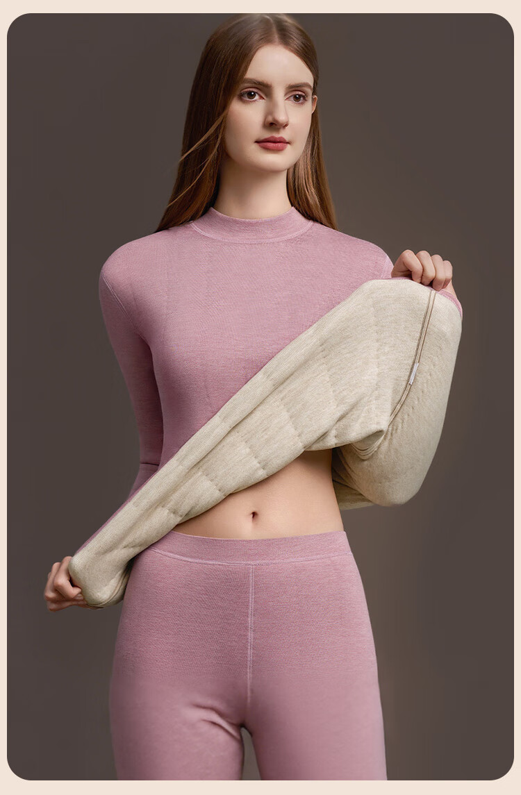 LangSha Women's Thermal Underwear Set Thickened Fleece Wool Warm Mid-Neck Winter Heat Retention Autumn Top and Bottom 11