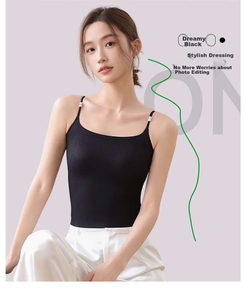 Caobenchuse Women's Camisole Bra, Invisible Seamless with Built-In Pads, Lightweight Pearl Thin Strap Undershirt for All Seasons 14