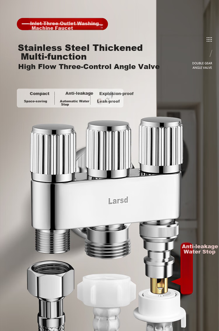 Larsd Angle Valve One Inlet Three Outlet Washing Machine Faucet 4 Points 6 Points Triangle Valve Three-Way Water Distributor Figure-Eight Valve LD5617 2