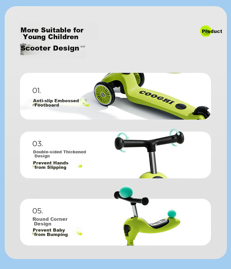 COOGHI Children's Scooter V2 Two-In Multifunctional Kids' Bike, Gravity Steering, Quiet, for Ages 1-5, Birthday Gift, Classic Gree 18