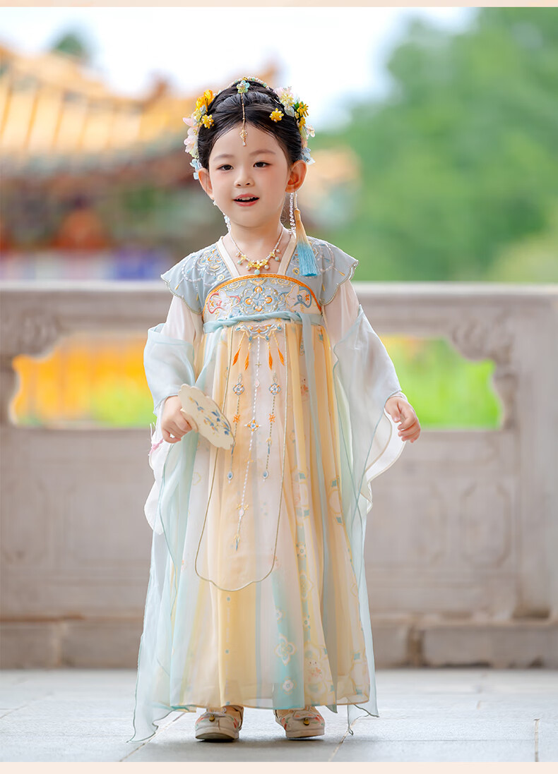 Menghulonglongyue Hanfu Girls' Spring and Autumn Dress New Children's Princess Ru Skirt National Style Dress Yellow Blue 120 28