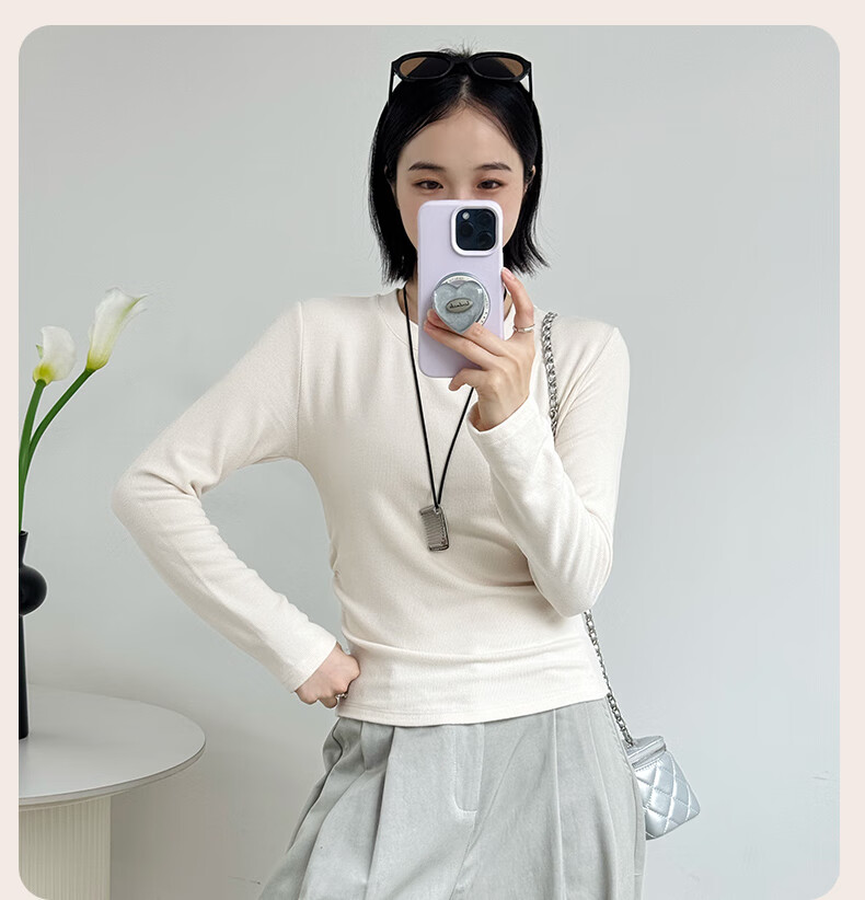 MiiOW Women's Long Sleeve Round Neck Knit Base Shirt 2025 New Spring Autumn Slim Fit Top 13